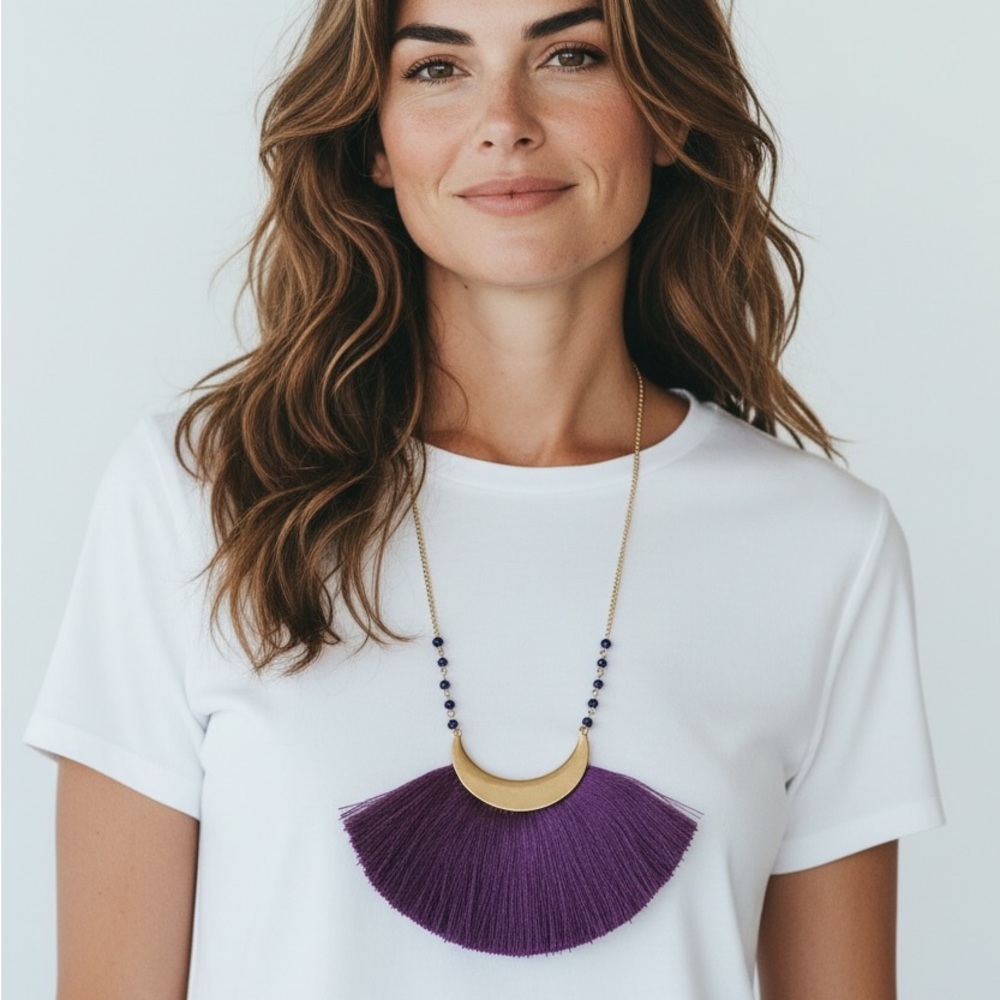 Purple Fan Tassel Crescent Moon Gold Chain Statement Necklace Long Boho Beaded.